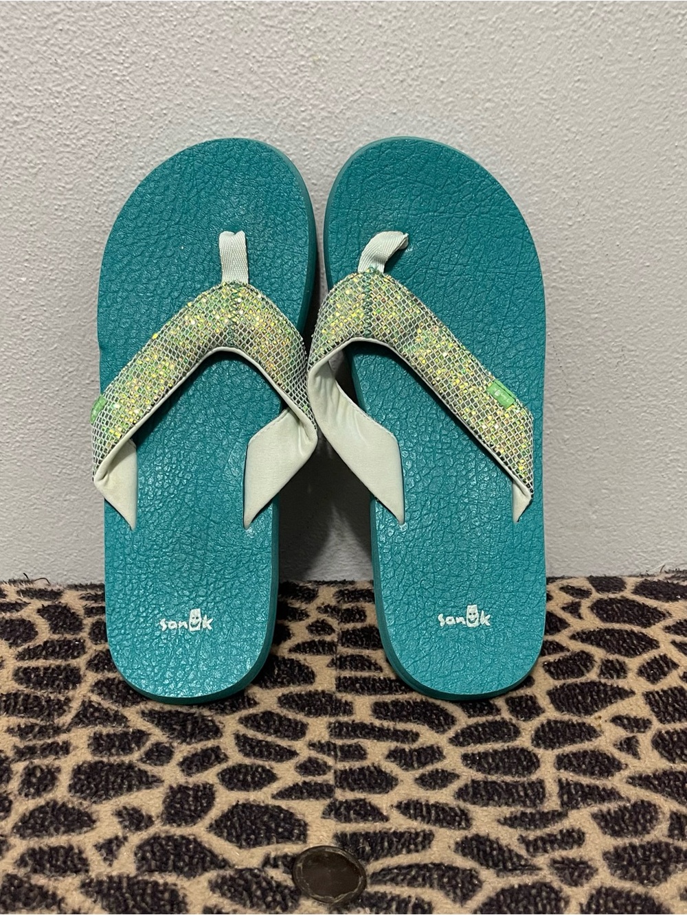 Sanuk Sequin Slip On Thong Summer Sandals Teal Green Y6-7